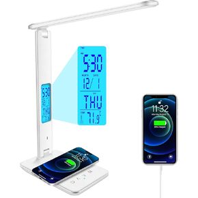 Desk Lamp with Wireless Charger, USB Charging Port, Dimmable Office Desk Light with Clock, Alarm, Date, Temperature, Foldable Lamp for Table Bedroom Bedside Office (White)