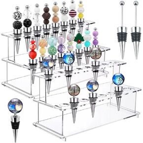 Wine Bottle Stopper Display Stairs,2 Pcs,2 Tier Riser Wine Stopper Holder Wine Stopper Display Stand Rack for Countertop,16 Slots, Transparent Acrylic 9.45'' L x 4.72'' H x 3.94'' W.
