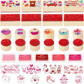 CJiangpo 15Pcs Valentine Wooden Rubber Stamps DIY Craft Card Ink Pads, Love Heart Decorative Rubber Stamps for Crafting Scrapbook Card Making Kids Valentine’s Day Gift Favors