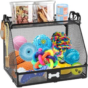 3 in 1 Dog Toy Basket,Metal Dog Toy Bin with Storage Organizer, Trapezoid Dog Toy Box, Dog Stuff Storage Organizer Rack with Hooks,Ideal for Dog Leashes,Collors,Treat,Toys-Chewproof