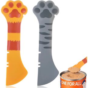 2Pcs Cat Treat Spoon, Cat Can Opener, Cat Spoons for Wet Food, Silicone Pet Food Can Opener, Paw Design(Grey, Orange)