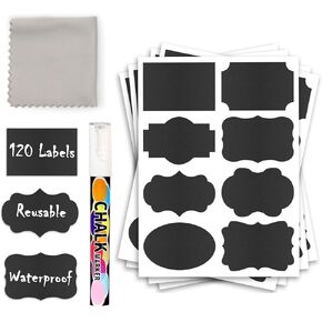 120 Pcs Chalkboard Labels with Erasable Liquid Chalk,Assorted Shapes-Removable Chalk Sticker use for Jars,Food Labels or Spice Label for Jars ​in Kitchen Office or Pantry, Reusable Removable Stickers
