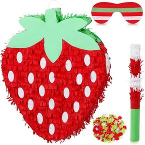 Small Piñata with Hanging Loop Jungle Safari Party Decorations Piñata for Birthday Party with Blindfold Bat Confetti for Animal Theme Supplies, 12.6 x 11.8 x 2.4 Inches (Strawberry)