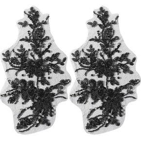 GORGECRAFT 3D Pearl Flower Gauze Embroidery Lace Applique Sequin Beaded Trim Patches Cloth Black Sew on Floral Fabric Collar Patch for Wedding Gown Dress Bridal Clothing DIY Crafts