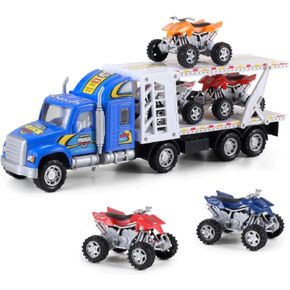 Auto Rauler Big Rig Toy شبه شاحنة ناقلة النقل مقطورة 1:48 المقياس مركبة عجلات مدعومة مع 4 ATVS دراجة الأوساخ (ألوان متنوعة)