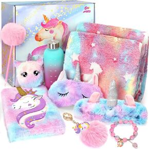 Unicorns Gifts for Girls Ages 6 7 8 9 10+ Years Old, Christmas Birthday Gifts with Glowing Blanket, Water Bottle, Eye Mask, Plush Diary, Ideal Gift Toys Set for Teens Daughter Granddaughter