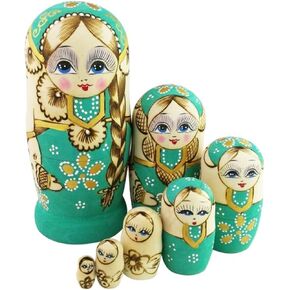 Winterworm Cute Little Girl with Big Braid Handmade Matryoshka Wishing Dolls Russian Nesting Dolls Set 7 Pieces Wooden Kids Gifts Toy Home Decoration Green
