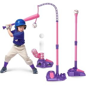 3-in-1 Kids Baseball Set for Ages 3-5/5-8, Batting Tee, Stand Tee, Pitching Machine with 6 Plastic Softballs & Bat, Adjustable Height, Indoor/Outdoor Backyard Sport Games Gifts for Boys & Girls, Pink