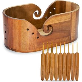 Miglaja Yarn Bowl - Large Size Wooden Yarn Holder, Smooth Crochet Bowl with 9pcs Knitting Hooks Yarn Bowls for Crocheting Yarn Storage