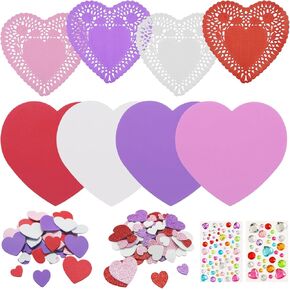 Valentines Day Crafts Gifts with 100 Heart Doilies, 24 Foam Hearts, 2 Bag Foam Heart Stickers and 2 Sheet Heart Stickers Valentines Crafts Gift Set for Valentines Day Crafts Decorations