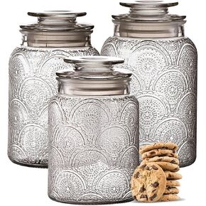 Le'raze Food Storage Containers with Airtight Lids - Retro Design - Pantry Organization, Glass Canisters Storage for Cookies, Tea, Sugar, Candy Jars, Sugar Packet, Set of 3