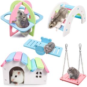 5pcs dwarf hamsters House DIY الخشبية الخشبية مخبأ جسر قوس قزح جسر و pvc reasaw ، pet diy ممارسة الرياضة مجموعة ، sugar طائرة شراعية سورية سوريا القفص القفص ، ل hamsters الصغيرة (H01)