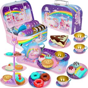 KMUYSL Girl Toys for 3+ Years Old, Tea Party Set for Little Girls, Kitchen Toy for Kids 3 4 5 6 Year Old, Girls Toys with Tin Tea Set, Desserts & Carrying Case, for Girls