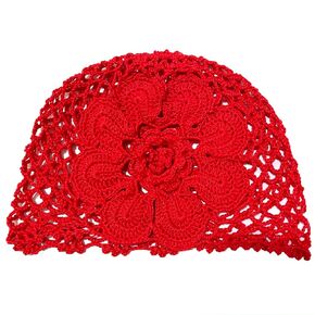 BIBITIME Beautiful Skull Beanie 8 Petals Flower Hat Handmade Crochet Slouchy Hollow Lace Cap Beret (Large for Adult, Red)
