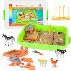 Farm Sensory Toys, Sensory Bins for Toddlers, Preschool Farm Sensory Toys with Sensory Sand, Bricks, Farm Animals, Farm Tools,Farm Sand Play Set for Boys and Grils……