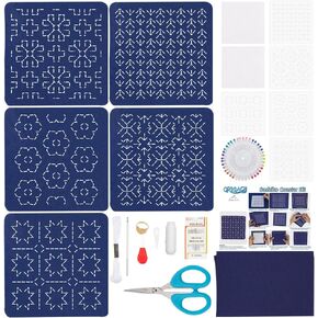 ORIGACH 5 Set Sashiko Coaster Kit, Japanese Traditional Sewing Kit, Handmade Coaster Kit with Thread, Needle, and Five Different Designs on Navy Blue Fabric