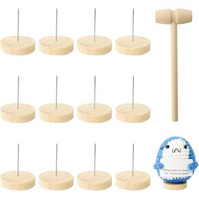 12 Pcs Crochet Doll Stands, Wooden Crochet Stand with Mallet for Positive Crochet Animals, Single Steel Needle Knitted Doll Holder, Wooden Base for Positive Potato Penguin Pickle Display