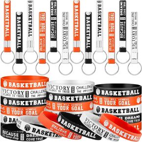 Sosation 24 Pcs Basketball Party Favors Basketball Motivational Silicone Wristband Rubber Bracelets Keyrings 12 Motivational Basketball Keychain 12 Inspirational Basketball Wristband for men women