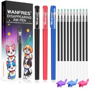 Disappearing ink pen for kids,30 refills 3 pens(With writing training aids)Pencil grip,Cartoon color box packaging.for Reusable grooved Handwriting Practice for Kids Children's Magic Copybooks