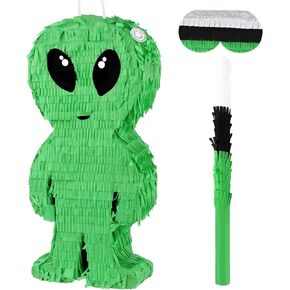 Pinata Alien for Kids Birthday Party Green Space Pinata مع عصا وعصابة الفضاء الخارجي موضوع ديكور حفلة غامضة
