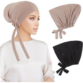 PHOGARY 2 Pcs Women Hijab Undercap, Islamic Muslim Under Hijab Cap Inner Under Scarf Hat Hijab Cap with Tie Back Closure Solid Color Underscarf Hijab Cap Turban Head Wraps for Women Chemo Sleep Cap, B