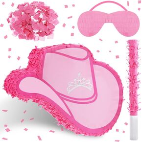 Jexine Cowgirl Hat Piñata Bundle with a Blindfold and Bat Birthday Piñata Pinatas for Western Cowboy Theme Birthday Party Decors Party Favors Photo Prop Candy Holder Party Supplies (Sweet)