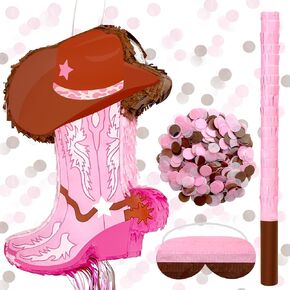 Cowgirl Boot Pinata Bundle Include Pink Cowboy Boots Pinata Blindfold Stick and Confetti Western Cowboy Theme Party Decors for Photo Prop Candy Holder Party Supplies
