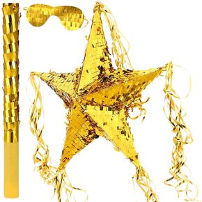Foil Star Piñata with Blindfold and Bat for Birthday Foldable Star Shape Piñata with Stick Gold Festive Fiesta Party Supplies Favors for Mexican Party