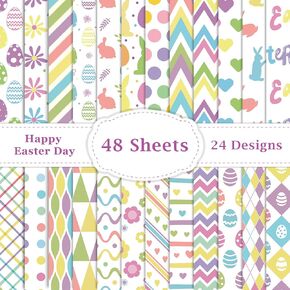 48PCS Easter Pattern Scrapbook Paper 12X12inch Pastel Easter Bunny Egg Flower Specialty Craft Paper 24 Style Decorative Gift Cardstock Paper Folded Flat DIY Card Making Photo Album Decoration Supplies