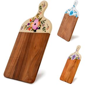 Acacia Wood Cutting Board for Kitchen – Large Wooden Decorative Hand Painted for Charcuterie Chopping Cheese bread and meat - With Handle (21 x 10 x 0.8 in) (Pink)