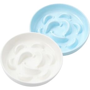 Cat Slow Feeder Bowl Set - 2 Pcs Ceramic Cat Food Plates for Slow Eating - Double Cat Dish for Dry Wet Food - Slow Feeding Cat Bowls Whisker Friendly - Microwave and Dishwasher Safe - White and Blue