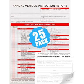 25 Pack Annual Vehicle Inspection Report Form 3-Ply Carbonless, 2-Ply Interior Annual Vehicle Inspection Label, Meet DOT AVIR Requirements