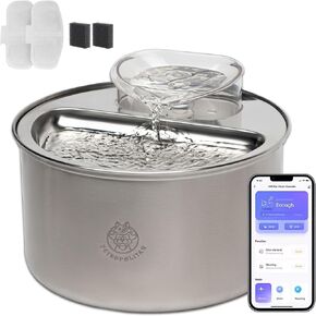 Stainless Steel Cat Water Fountain & Dog Water Fountain 3.5L/118oz Automatic Pet Water Fountain. Smart Cat Fountain Wi-Fi 2.4GHz App Control and 2 Extra Filters