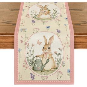 Artoid Mode Bunny Rabbit Kettle Floral Flower Easter Table Runner,Seasonal Spring Kitchen Dining Table Decoration for Home Party Decor 13x72 Inch