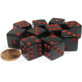 مجموعة من 10 من ستة جوانب مربع غير شفاف 16 مم D6 DICE - أسود مع Red Pip يموت من قبل ألعاب Koplow