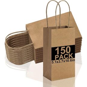 KTKDE 150Pcs Gift Bags 5.1x3.7x10.6 In Paper Gift Bags with Handles Bulk, Paper Bags, Shopping Bags, Kraft Bags, Retail Bags, Party Bags Birthday Party Favors Wedding Bags Brown