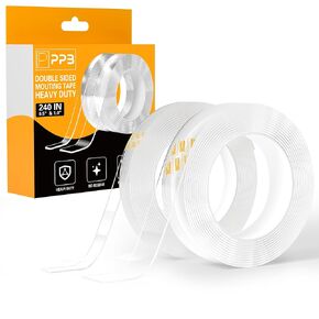 2 Rolls Double Sided Tape Heavy Duty - 240" x 1.0" & 0.5" - Removable Mounting Tape for Poster Picture Hanging Carpet Strip Rug Wall Outdoor - Clear & Strong Nano Tape Adhesive Multipurpose - 20 Feet