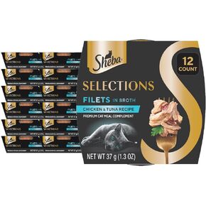 Sheba Selections Filets in Broth Adult Wet Cat Meal Complement Chicken & Tuna Recipe, 1.3 oz. Cups, 12 Count