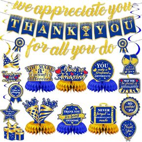 We Appreciate You Party Decorations, Blue Gold Banner and Tables Decorations Honeycomb, Teacher Doctor Nurse Employee Staff Graduation Appreciation Party Supplies