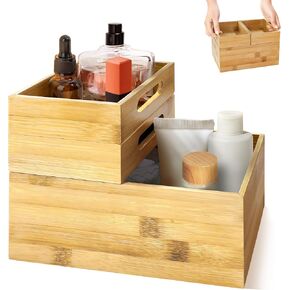 HOMESTEAD 3-Piece Stackable Bamboo Storage Box, Office Desk Organizer, Wooden Boxes for Makeup Drawer Organizer Bathroom, Office Supplies, Kitchen Utensils, Bamboo Storage Containers, Jewelry Tray