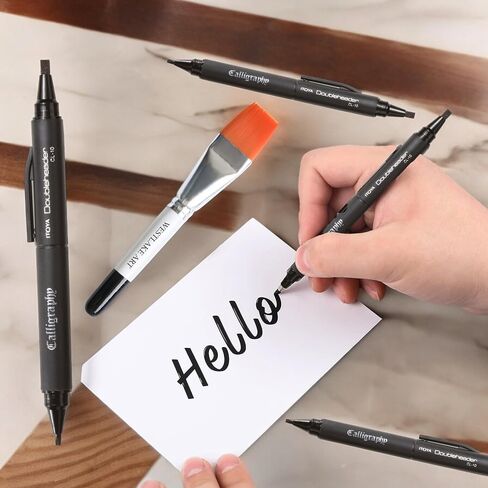 Doubleheader Calligraphy Marker, 0.8 Oz, Bundled With Watercolor Paint Brush - Fine & Broad Chisel Tips, Black Ink Pen, For Art & Writing, Double Ended Markers [Pack Of 5] in Saudi Arabia