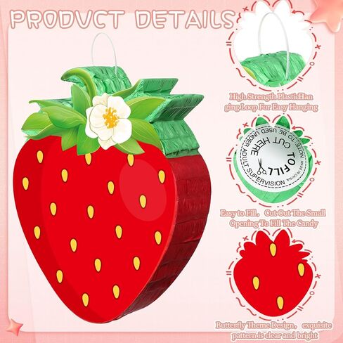 Aoriher Strawberry Piñata Red Strawberry Piñata Berry Strawberry Piñata Strawberry Birthday Piñata مع حلويات قناع Stick for Summer Strawberry First Babyshower Party Supplies Supplies in Saudi Arabia