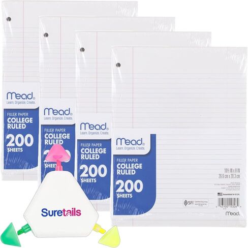 حكمت Mead Loose Paper College ورقة دفتر ، 1 رطل ، 200 ورقة ، 15326 | مجمعة مع قلم S -Highlighter متعدد الألوان - 8 × 10.5 بوصة ، يناسب المجلدات القياسية ، الجودة الدقيقة [حزمة 4] in Kuwait