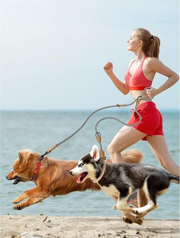 Mile High Life Dual Dog Leash, Double Dog Leash, 360 Swivel No Tangle Walking Leash, Hands Free Leash w Leather Tailored Connection, Double Rope Leash for Two Dogs (Black Khaki, 8FT) in Kuwait
