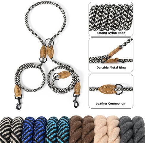 Mile High Life Dual Dog Leash, Double Dog Leash, 360 Swivel No Tangle Walking Leash, Hands Free Leash w Leather Tailored Connection, Double Rope Leash for Two Dogs (Black Khaki, 8FT) in Kuwait