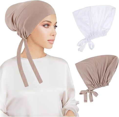 PHOGARY 2 Pcs Women Hijab Undercap, Islamic Muslim Under Hijab Cap Inner Under Scarf Hat Hijab Cap with Tie Back Closure Solid Color Underscarf Hijab Cap Turban Head Wraps for Women Chemo Sleep Cap, B in Saudi Arabia