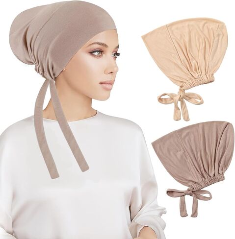 PHOGARY 2 Pcs Women Hijab Undercap, Islamic Muslim Under Hijab Cap Inner Under Scarf Hat Hijab Cap with Tie Back Closure Solid Color Underscarf Hijab Cap Turban Head Wraps for Women Chemo Sleep Cap, B in Saudi Arabia