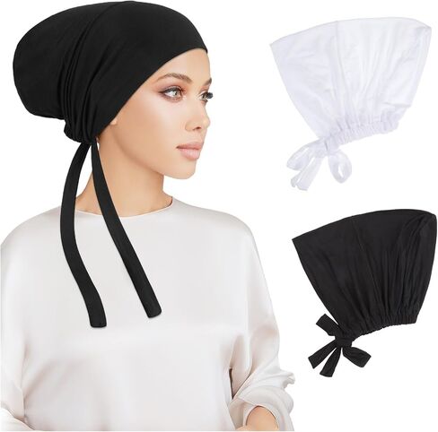 PHOGARY 2 Pcs Women Hijab Undercap, Islamic Muslim Under Hijab Cap Inner Under Scarf Hat Hijab Cap with Tie Back Closure Solid Color Underscarf Hijab Cap Turban Head Wraps for Women Chemo Sleep Cap, B in Saudi Arabia