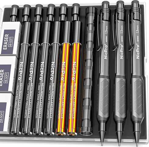 Nicpro 3 PCS 1.3 mm Mechanical Pencil Set with 72 PCS Lead Refill,3 Erasers-HD1000 Carpenter Pencils, Weatherproof Metal Heavy Duty Construction Pencil for Outdoor Marking Drafting Drawing Woodworking in Saudi Arabia