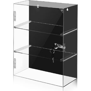 Barydat Acrylic Display Case with Lock Key Countertop Display Case Clear Showcase Display Cabinet Multi Functional Safe Storage Box for Retail Store (Black Removable 3 Tier,11.8 x 5.9 x 15.7 Inch)